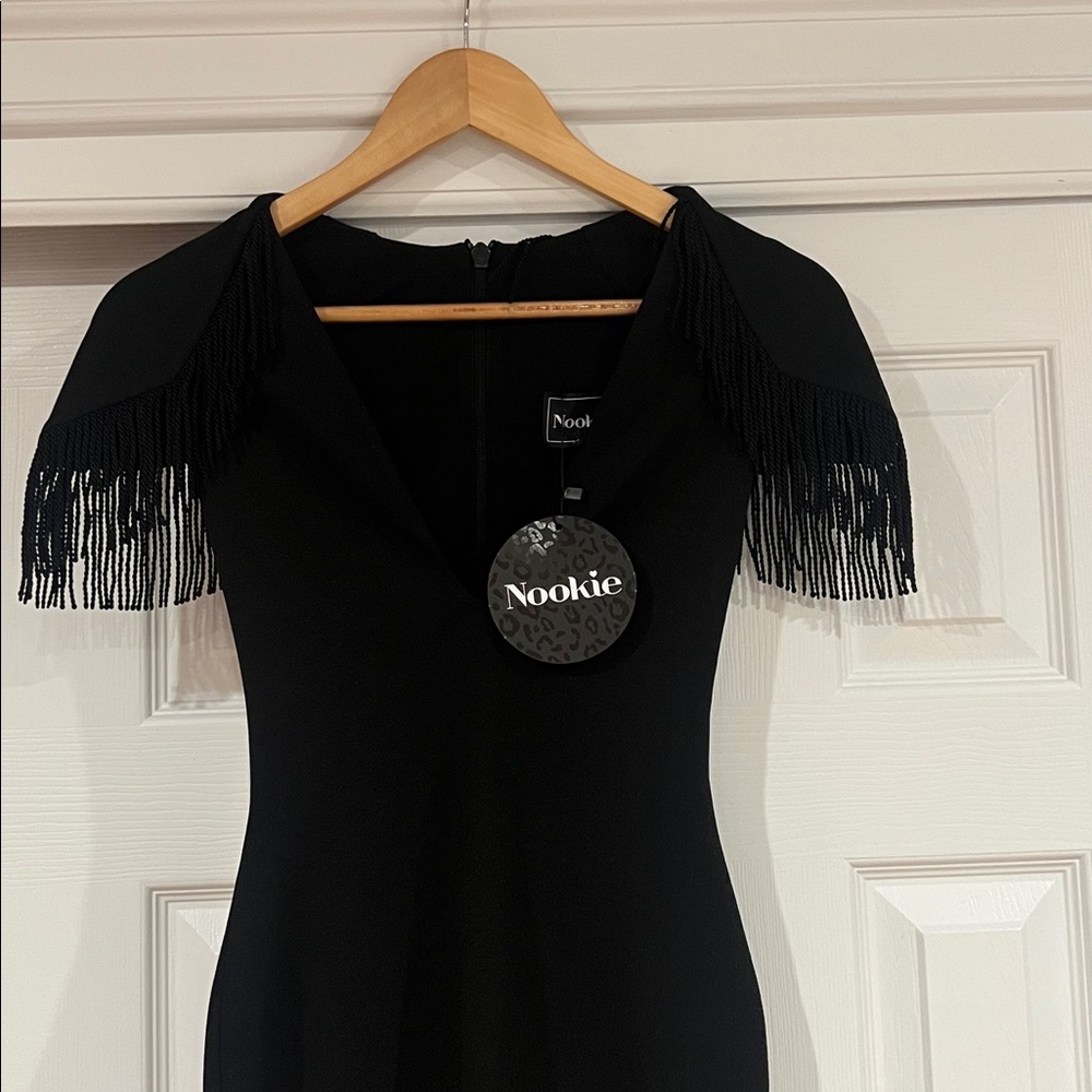 Nookie Black Midi Dress with Fringe Sleeves
Deep v neck